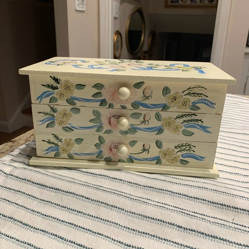 Vintage Hand Painted Jewelry Box Cottage Core 3 Drawer Wood Floral Design